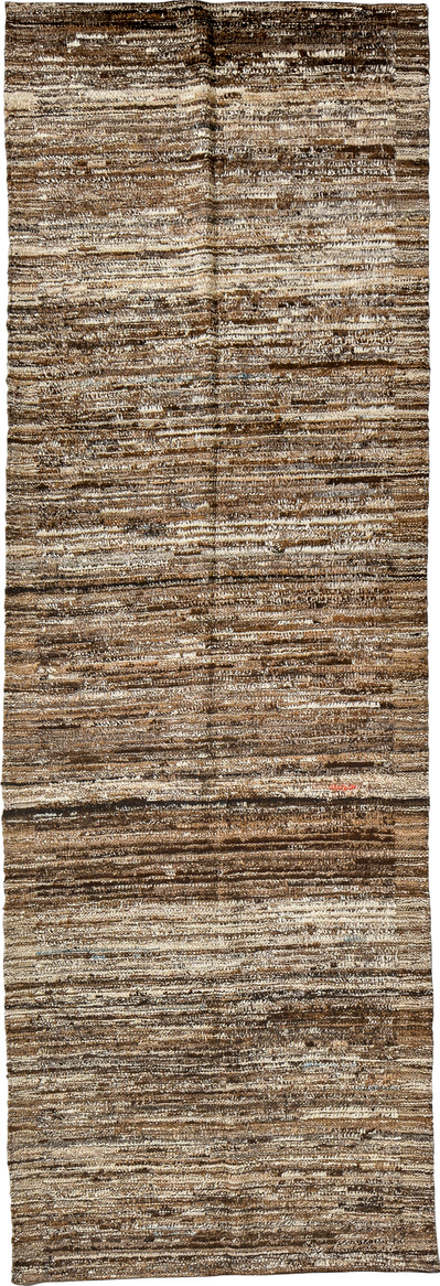3' x 9' one-of-a-kind handmade vintage Tulu runner rug. Color palette: black, brown, dark gray, gray, light gray, off-white