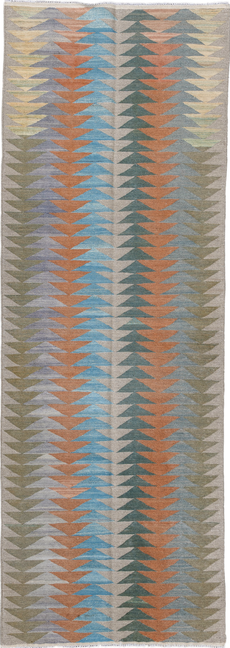 3' x 9' one-of-a-kind handmade vintage Kilim runner rug. Color palette: blue, brown, dark gray, gray, light blue, light gray