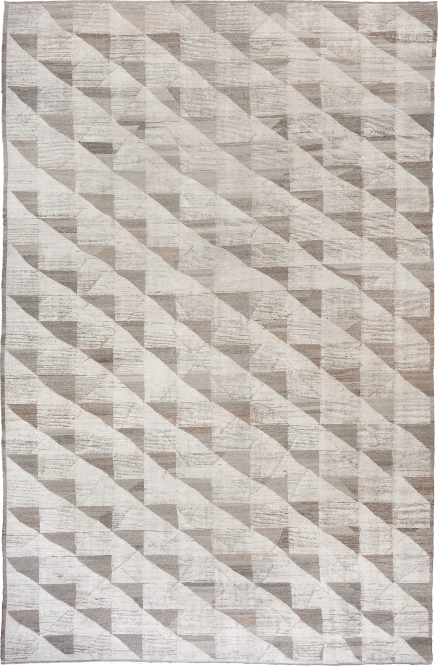 12' x 19' one-of-a-kind handmade vintage Tulu oversize rug. Color palette: gainsboro, gray, light gray, off-white, pink