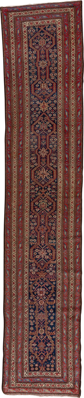 2' x 14' one-of-a-kind handmade vintage Malayer runner rug. Color palette: brown, gray, pink, red