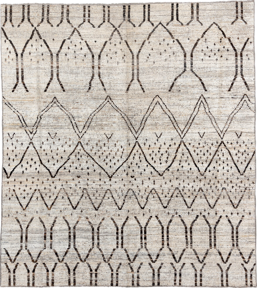 8' x 9' one-of-a-kind handmade vintage Tulu rug. Color palette: black, dim gray, gainsboro, gray, light gray, linen