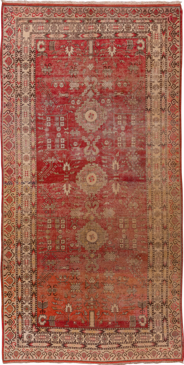 6' x 13' one-of-a-kind handmade vintage Khotan large size rug. Color palette: brown, gray, pink, red