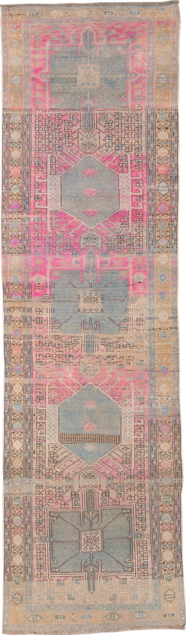 3' x 11' one-of-a-kind handmade vintage Sarab runner rug. Color palette: brown, gray, light gray, pink, rosy brown