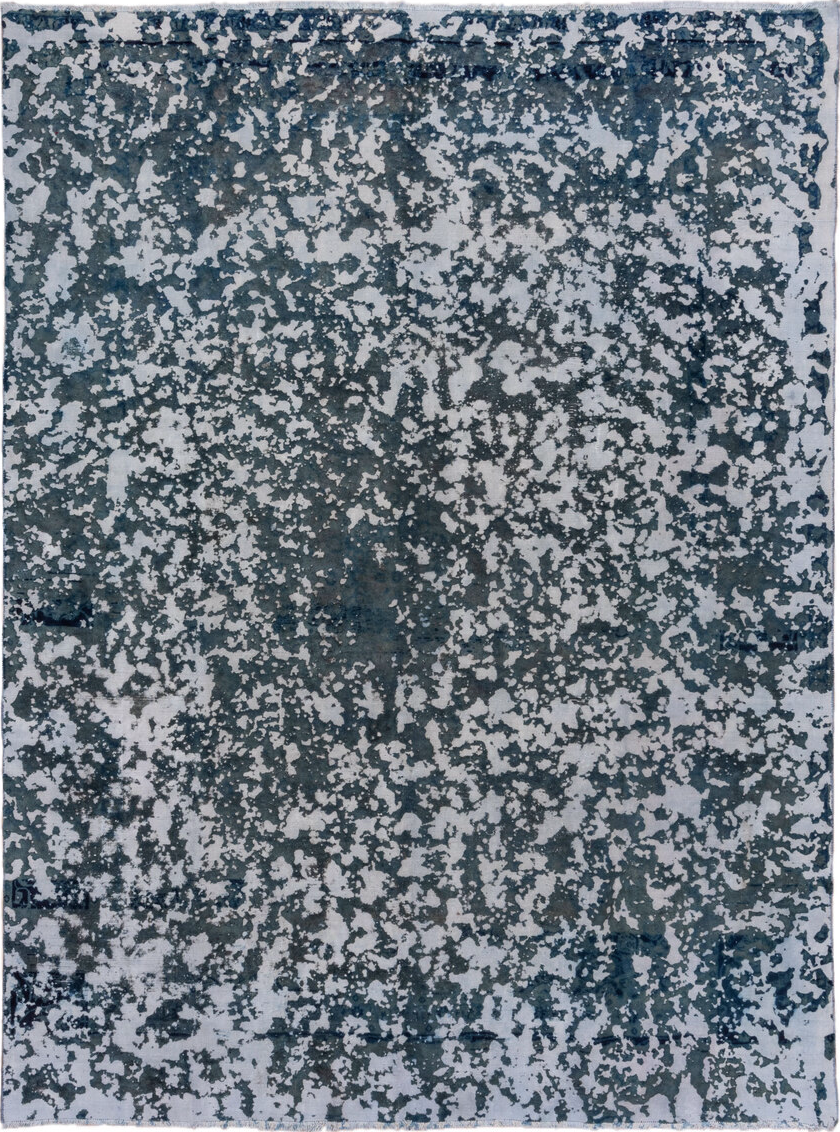 9' x 12' one-of-a-kind handmade vintage Overdyed large size rug. Color palette: black, blue, dark gray, gray, light blue