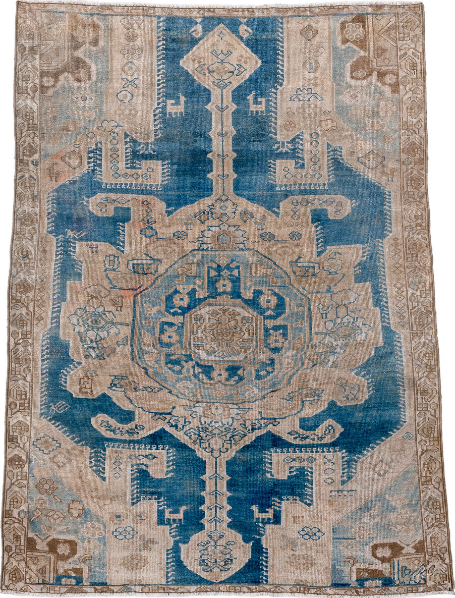 4' x 5' one-of-a-kind handmade vintage Malayer small size rug. Color palette: antiquewhite, arapawa, black, blue, brown