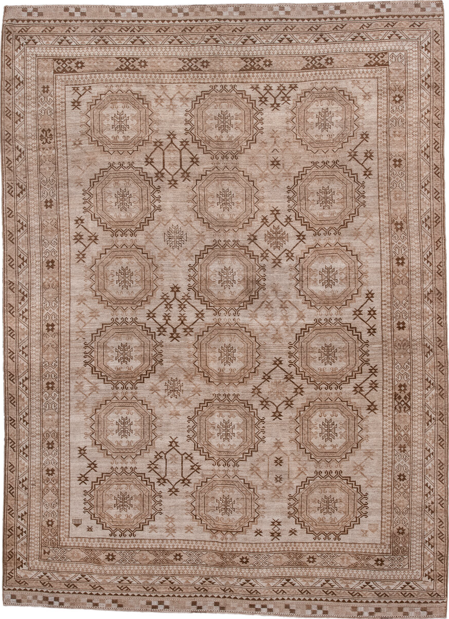 7' x 10' one-of-a-kind handmade vintage Afghan large size rug. Color palette: brown, gray, light gray, linen, misty rose
