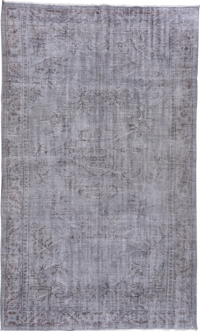 5' x 9' one-of-a-kind handmade vintage Overdyed medium size rug. Color palette: dim gray, gray, light blue, light gray