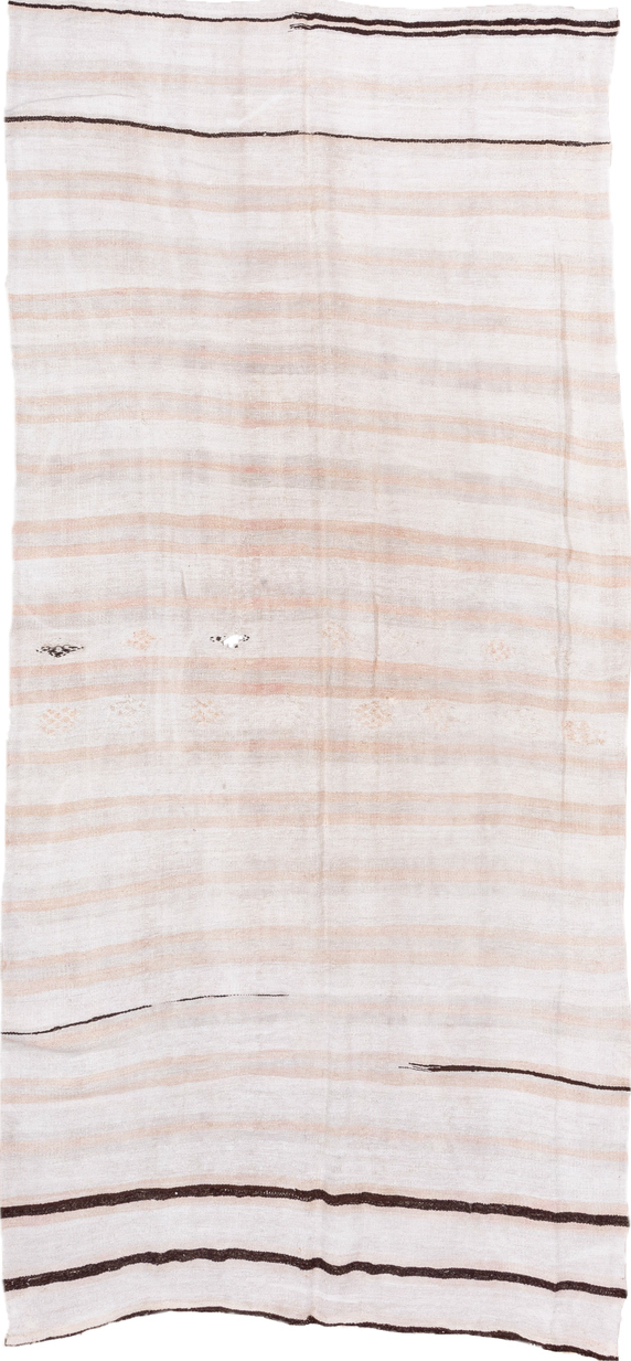 6' x 12' one-of-a-kind handmade vintage Hemp Kilim large size rug. Color palette: brown, gainsboro, gray, light gray, linen