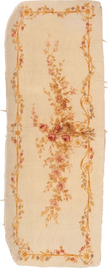2' x 5' one-of-a-kind handmade vintage Aubusson small size rug. Color palette: brown, burlywood, off-white, orange, peru