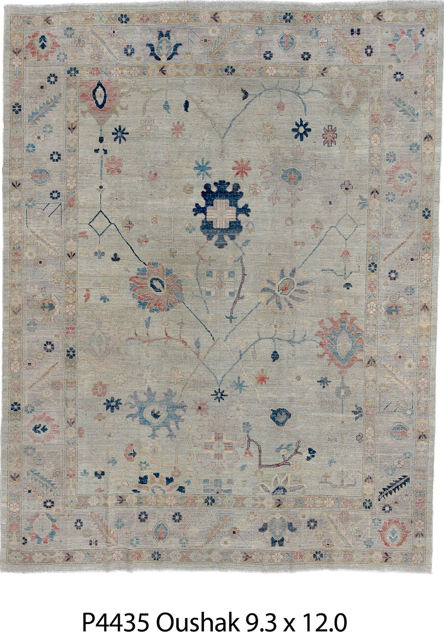 9' x 12' one-of-a-kind handmade vintage Oushak large size rug. Color palette: arapawa, black, blue, brown, dark gray