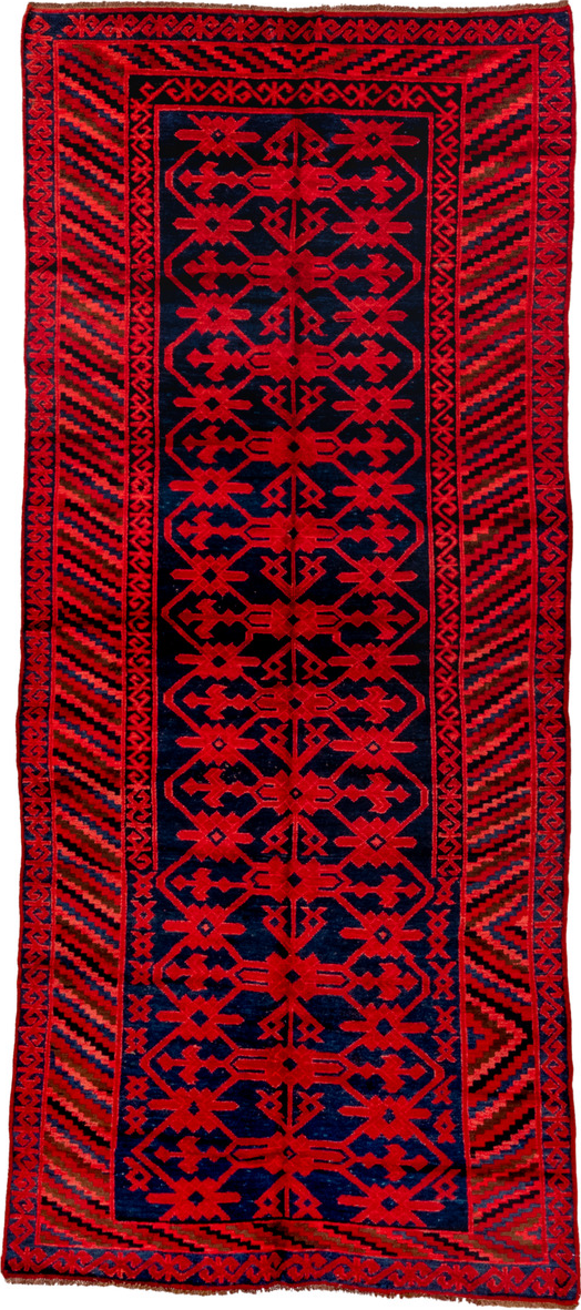 4' x 10' one-of-a-kind handmade vintage Khotan runner rug. Color palette: black, brown, pink, red