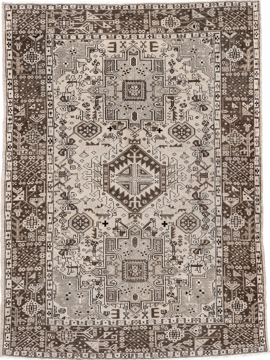 5' x 6' one-of-a-kind handmade vintage Karaje rug. Color palette: black, brown, gray, light gray, off-white, pink