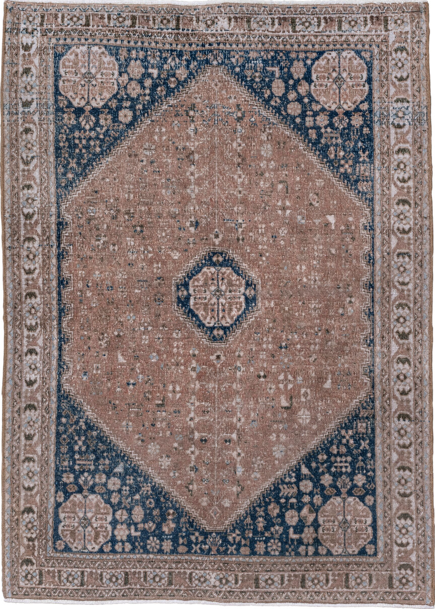 3' x 4' one-of-a-kind handmade vintage Joshegan small size rug. Color palette: black, blue, brown, charcoal, fiord