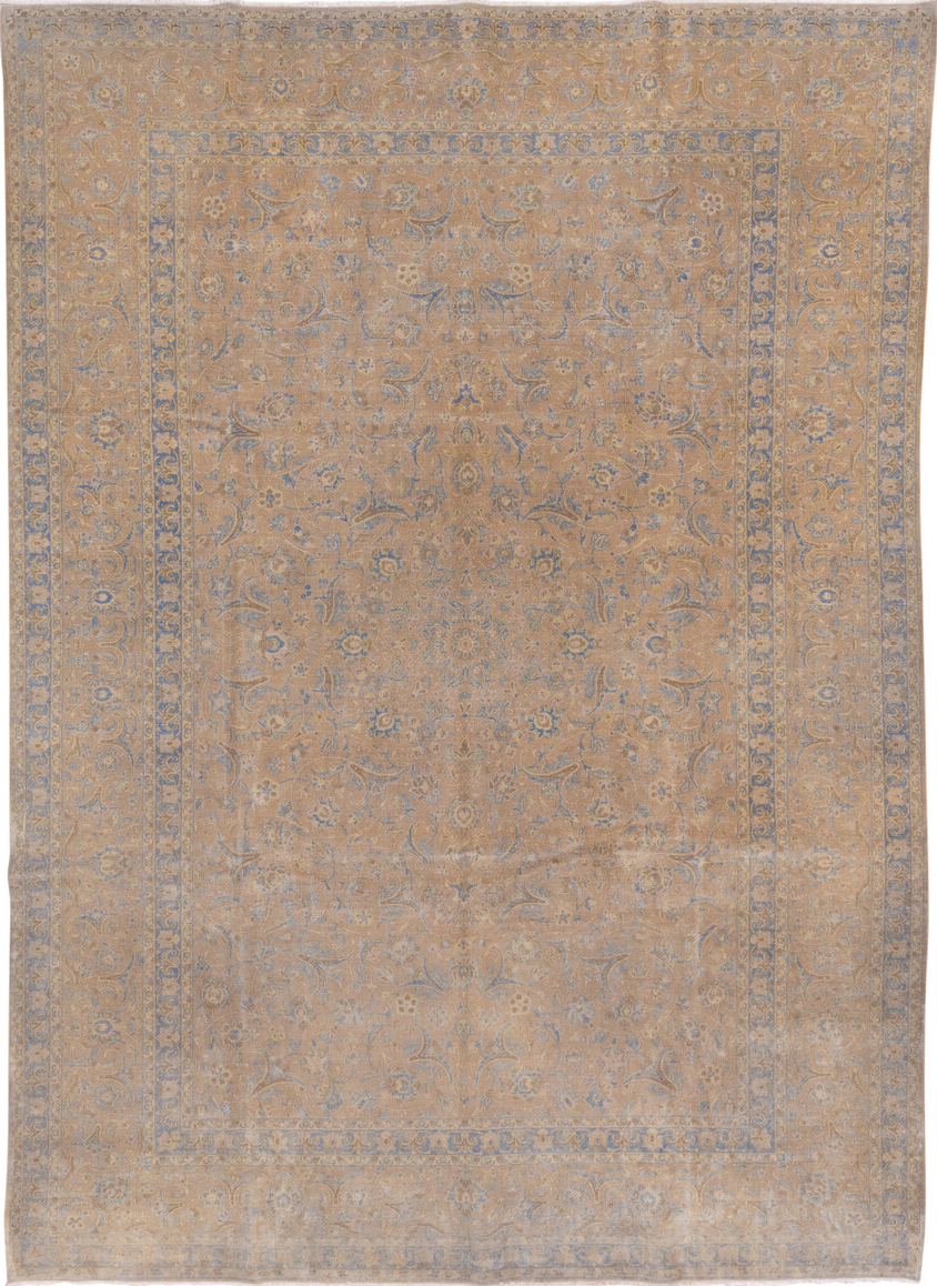 9' x 12' one-of-a-kind handmade vintage Kashan large size rug. Color palette: brown, dark gray, gray, light gray, pink