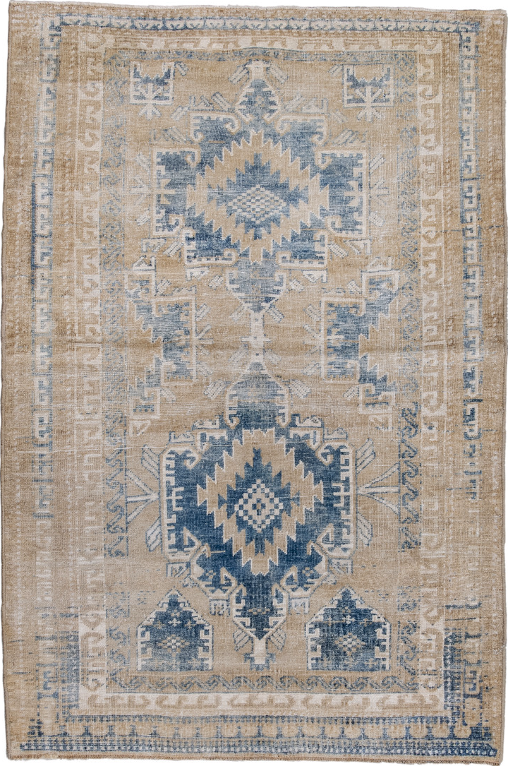 3' x 4' one-of-a-kind handmade vintage Caucasian small size rug. Color palette: blue, brown, dim gray, gainsboro, gray