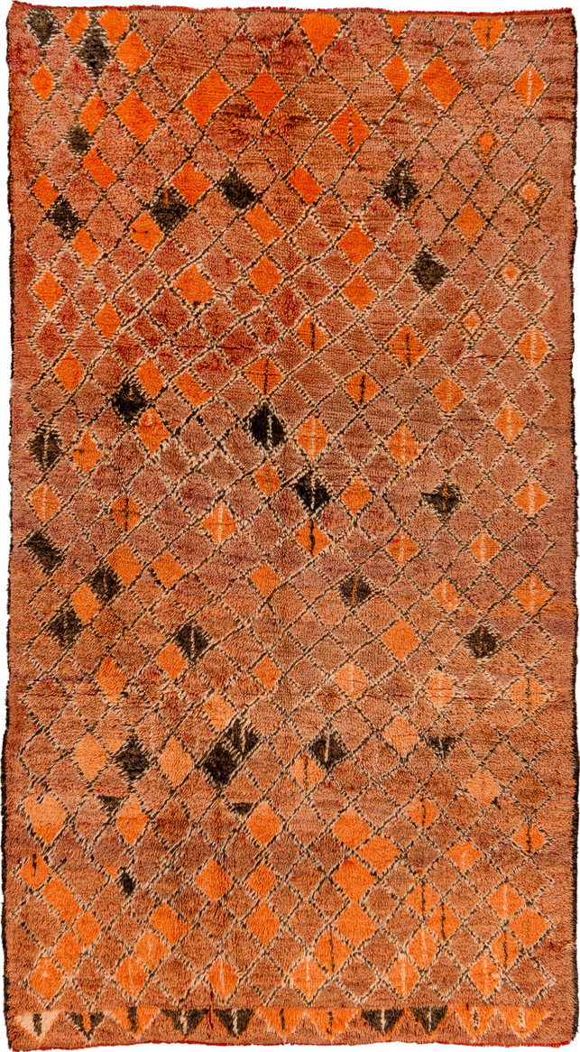 6' x 10' one-of-a-kind handmade vintage Moroccan large size rug. Color palette: black, brown, orange, pink, red, sienna