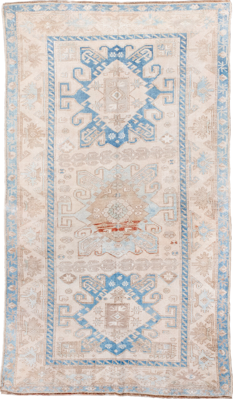 3' x 6' one-of-a-kind handmade vintage Malayer small size rug. Color palette: arapawa, blue, brown, gray, light blue