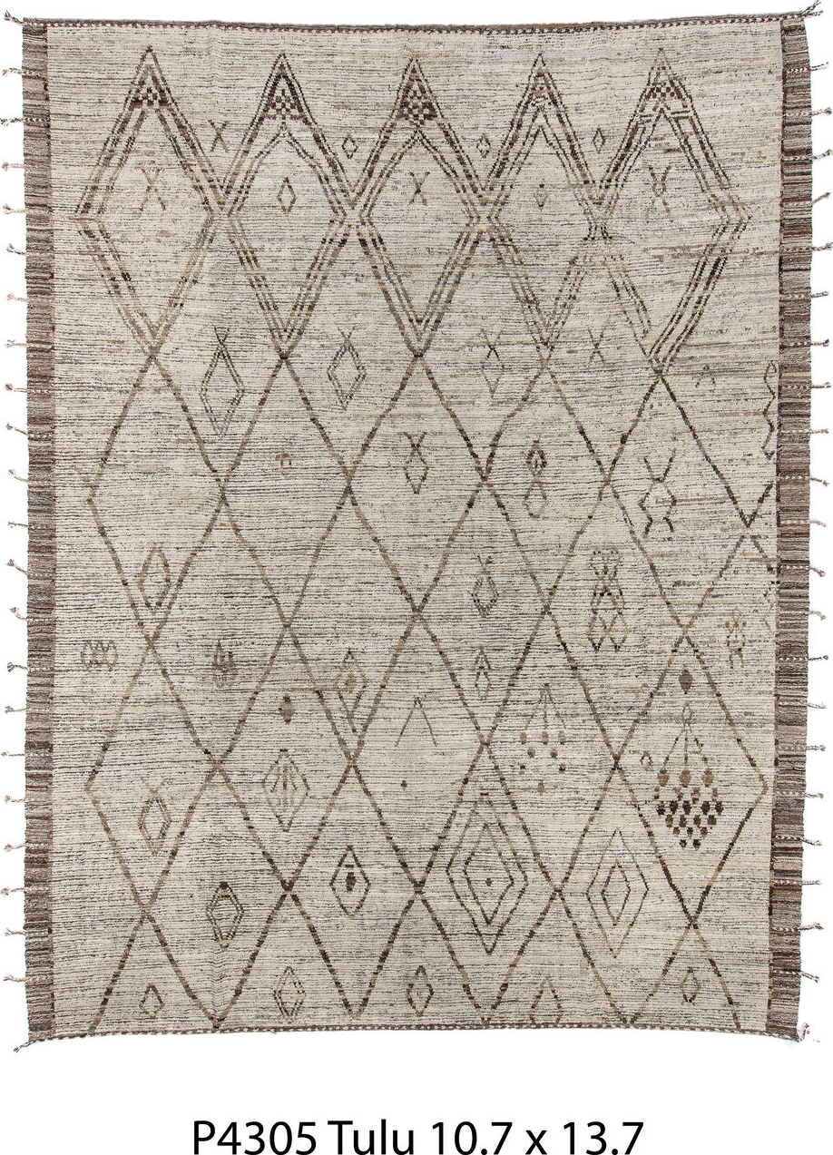 10' x 13' one-of-a-kind handmade vintage Tulu large size rug. Color palette: black, dark gray, gainsboro, gray, light gray