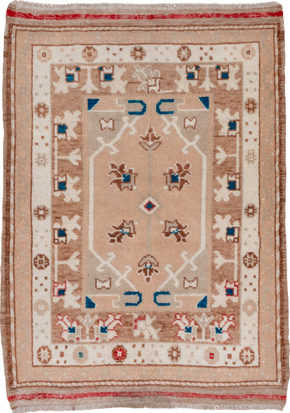 2' x 3' one-of-a-kind handmade vintage Oushak small size rug. Color palette: blue, brown, gray, light gray, off-white, pink