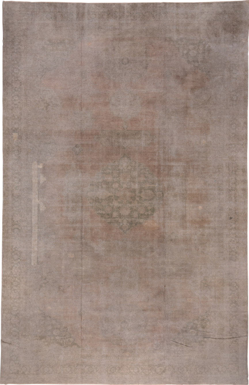 12' x 19' one-of-a-kind handmade vintage Oushak oversize rug. Color palette: gray, light gray, pink