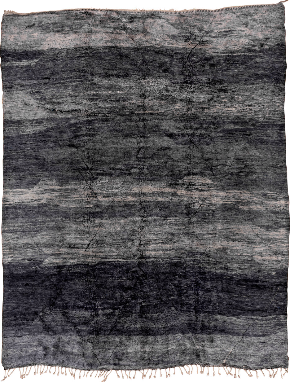 11' x 14' one-of-a-kind handmade vintage Moroccan oversize rug. Color palette: black, blue, charcoal, dark gray, dim gray