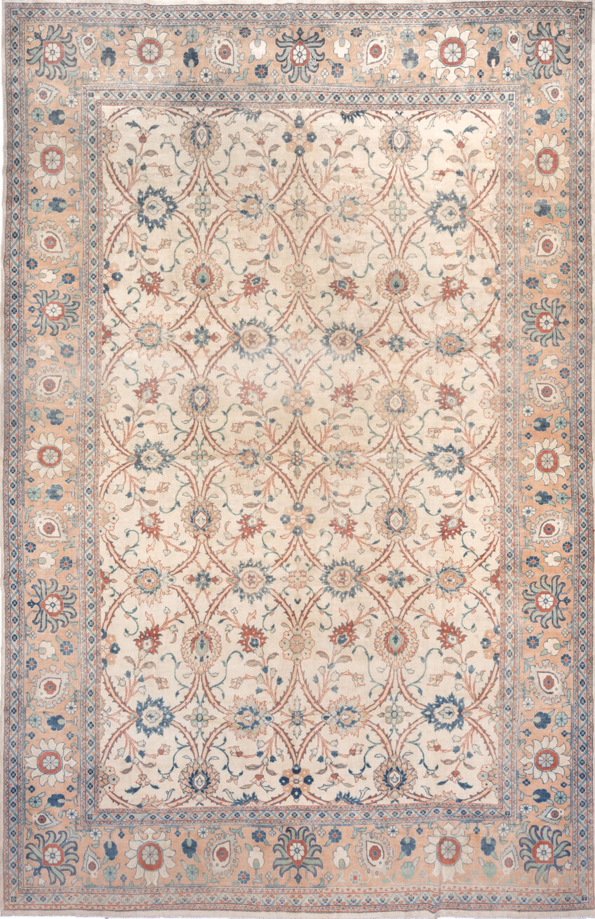 12' x 19' one-of-a-kind handmade vintage Distressed oversize rug. Color palette: antiquewhite, brown, dark gray, gray