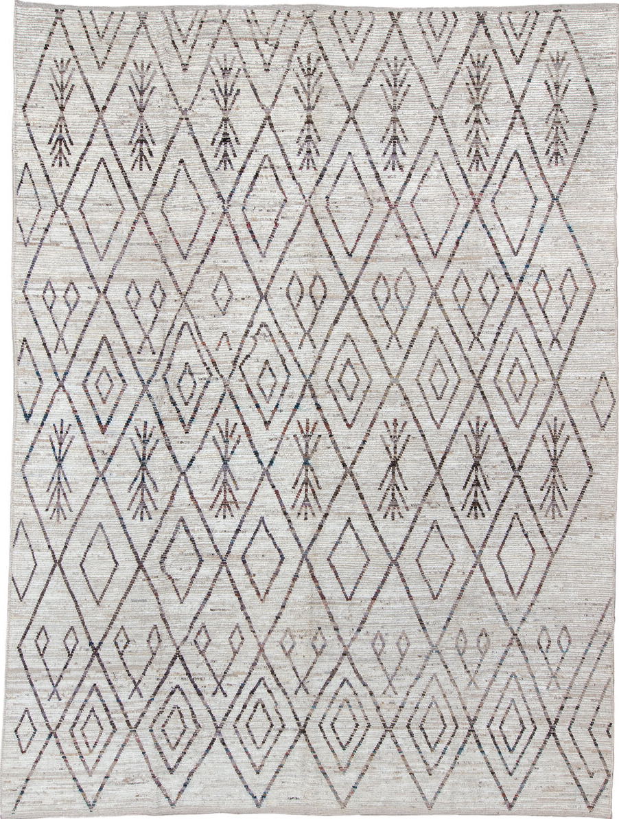 10' x 13' one-of-a-kind handmade vintage Tulu large size rug. Color palette: gray, light gray, off-white, pink, blue