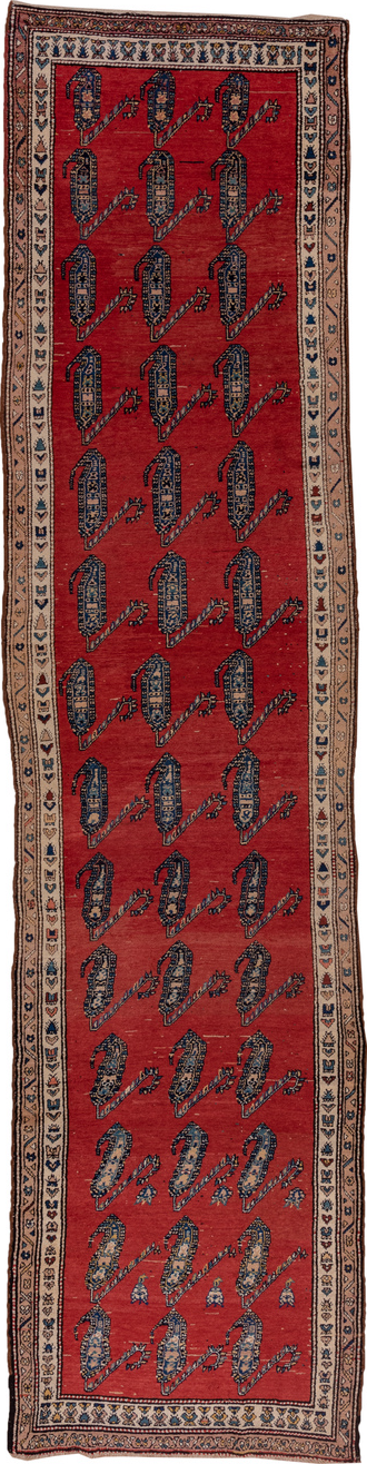 3' x 14' one-of-a-kind handmade vintage Malayer runner rug. Color palette: blue, brown, gray, pink, red