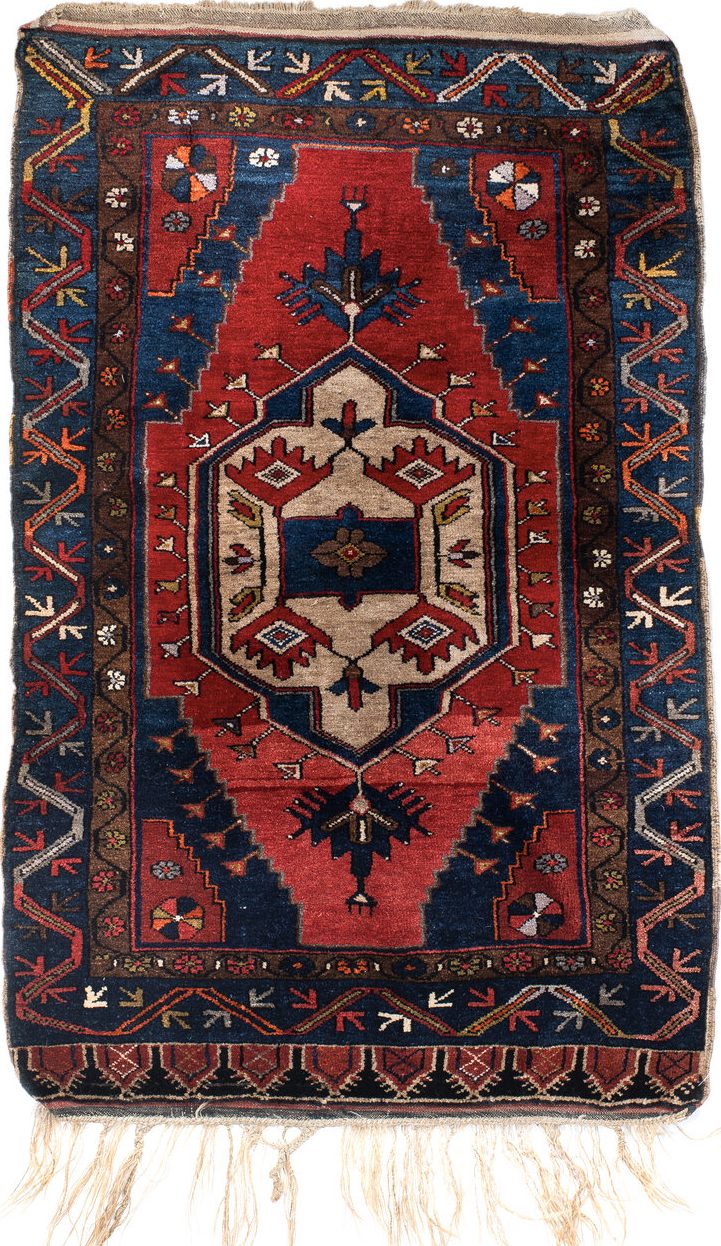3' x 4' one-of-a-kind handmade vintage Anatol small size rug. Color palette: antiquewhite, bisque, black, blue, brown