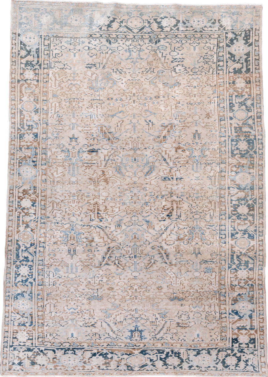 7' x 10' one-of-a-kind handmade vintage Heriz large size rug. Color palette: blue, dark gray, gainsboro, gray, light blue