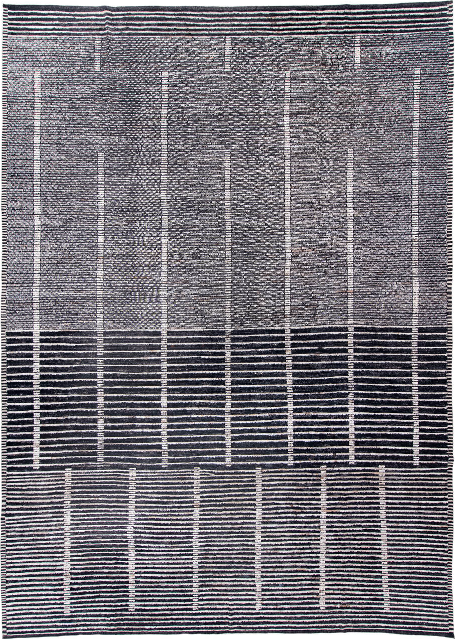 13' x 19' one-of-a-kind handmade vintage Tulu oversize rug. Color palette: black, blue, dark gray, dim gray, gray