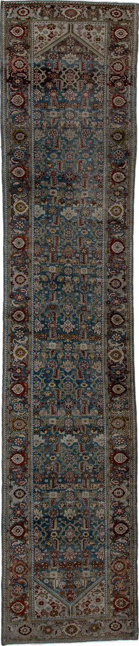 3' x 16' one-of-a-kind handmade vintage Malayer runner rug. Color palette: gray, blue, brown, light gray, black, dim gray