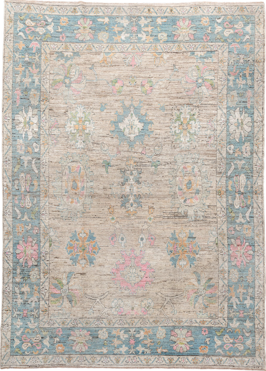 10' x 14' one-of-a-kind handmade vintage Oushak large size rug. Color palette: gray, light gray, off-white, pink, brown