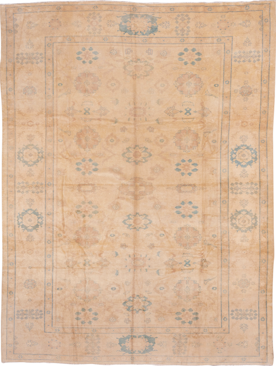 9' x 13' one-of-a-kind handmade vintage Sultanabad large size rug. Color palette: brown, burlywood, gray, off-white, orange