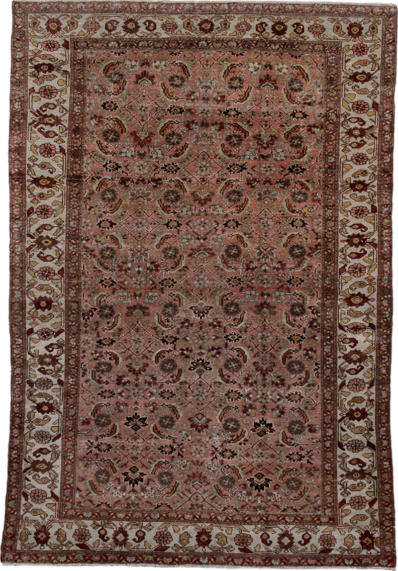 4' x 6' one-of-a-kind handmade vintage Malayer small size rug. Color palette: black, brown, charcoal, gray, pink, red