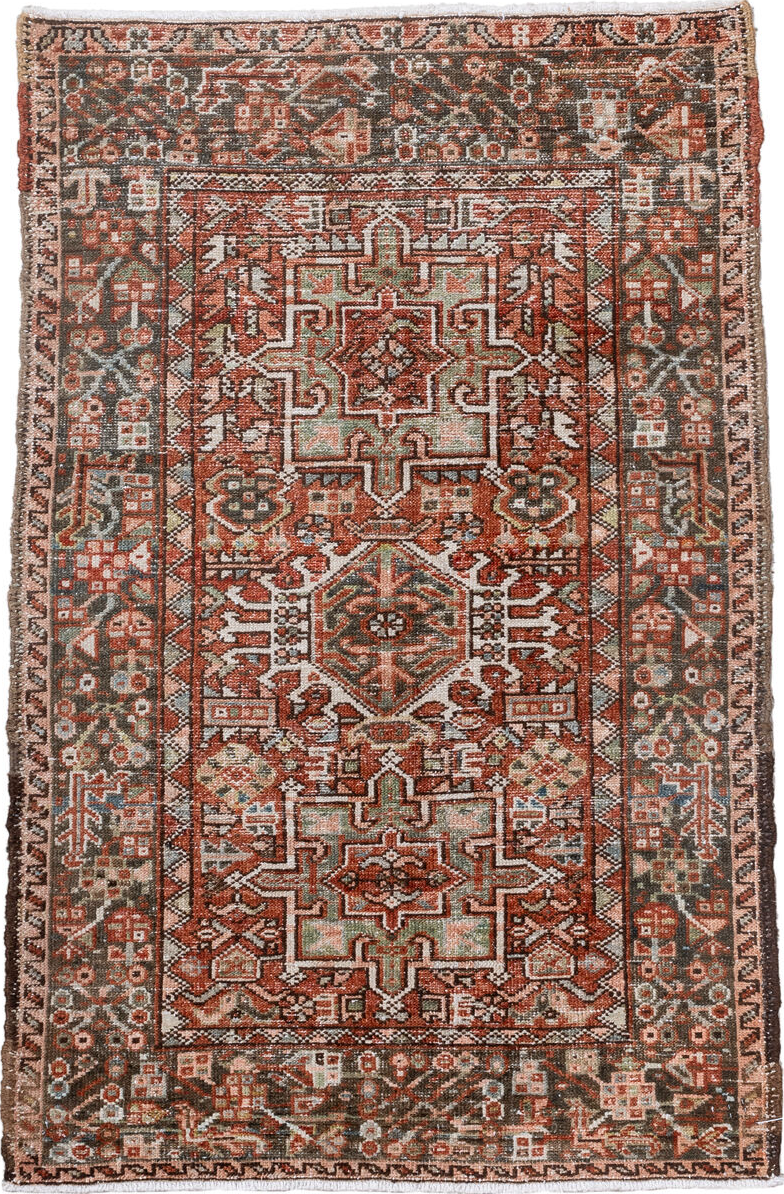 2' x 3' one-of-a-kind handmade vintage Karaje small size rug. Color palette: brown, gainsboro, ghost white, gray, light gray