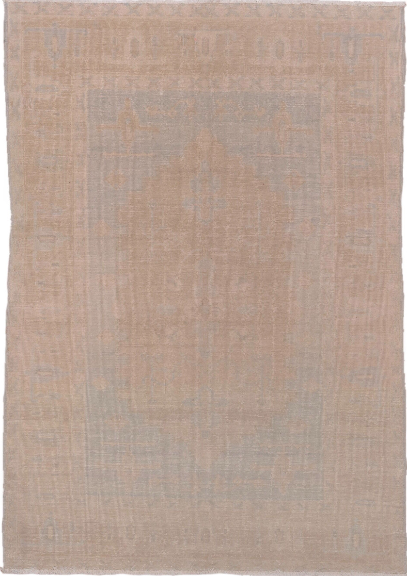 5' x 8' one-of-a-kind handmade vintage Oushak medium size rug. Color palette: brown, gray, light gray, off-white, pink