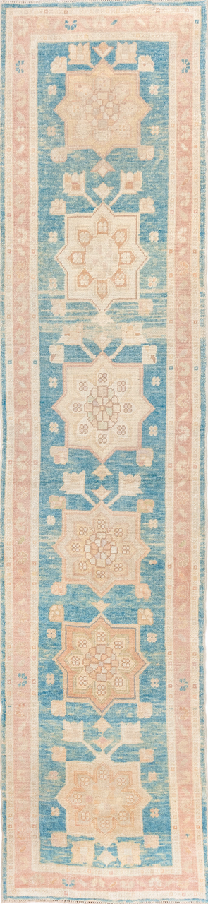 3' x 13' one-of-a-kind handmade vintage Oushak runner rug. Color palette: antiquewhite, blue, brown, gray, light blue