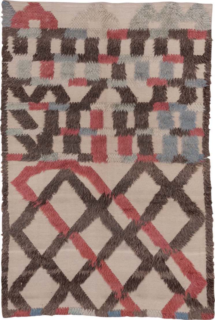 6' x 9' one-of-a-kind handmade vintage Tulu medium size rug. Color palette: brown, gray, light gray, pink, red