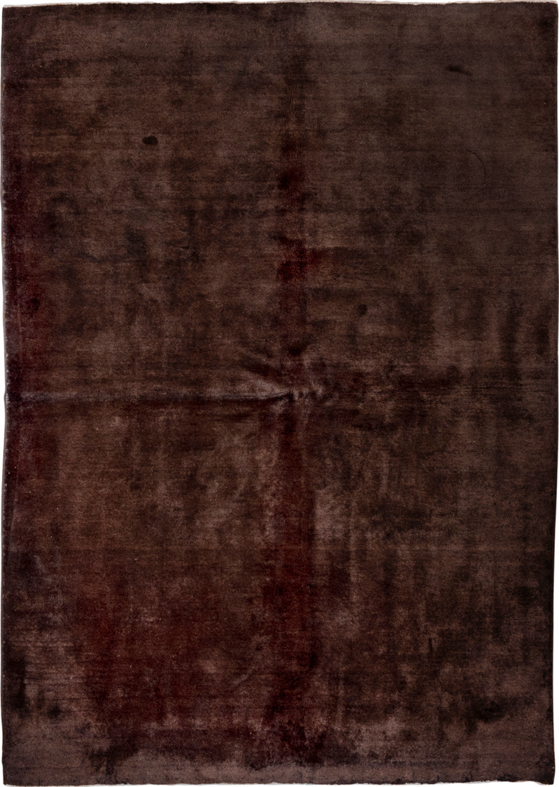 6' x 9' one-of-a-kind handmade vintage Overdyed medium size rug. Color palette: black, brown, gray, off-white, redwood, snow