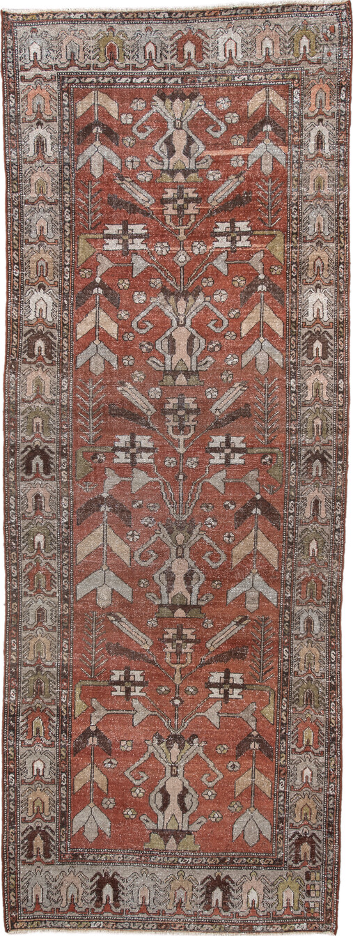 3' x 9' one-of-a-kind handmade vintage Hamadan runner rug. Color palette: brown, gray, light gray, off-white, pink, red