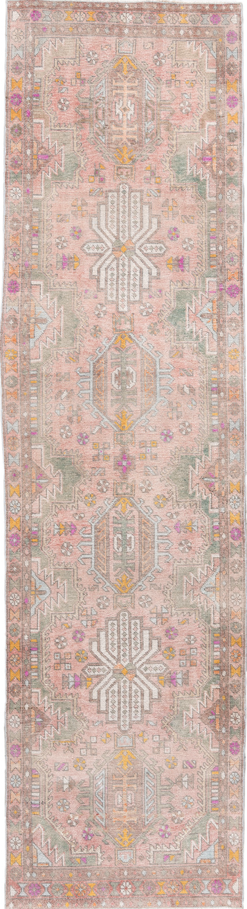 3' x 12' one-of-a-kind handmade vintage Anatol runner rug. Color palette: pink, off-white, light gray, gray, brown, orange