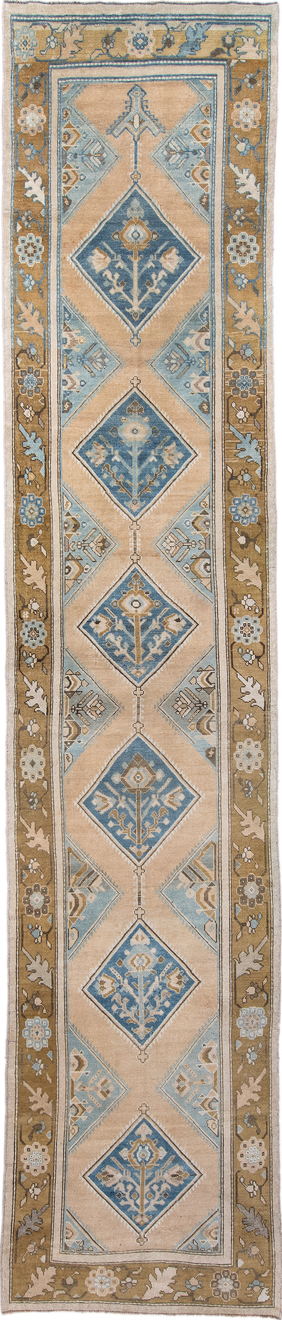 3' x 15' one-of-a-kind handmade vintage NW Persian runner rug. Color palette: blue, brown, dark gray, gray, light gray