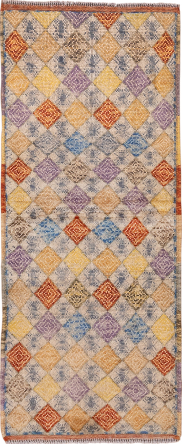 2' x 5' one-of-a-kind handmade vintage Gabbe small size rug. Color palette: brown, burlywood, dark gray, gray, light gray