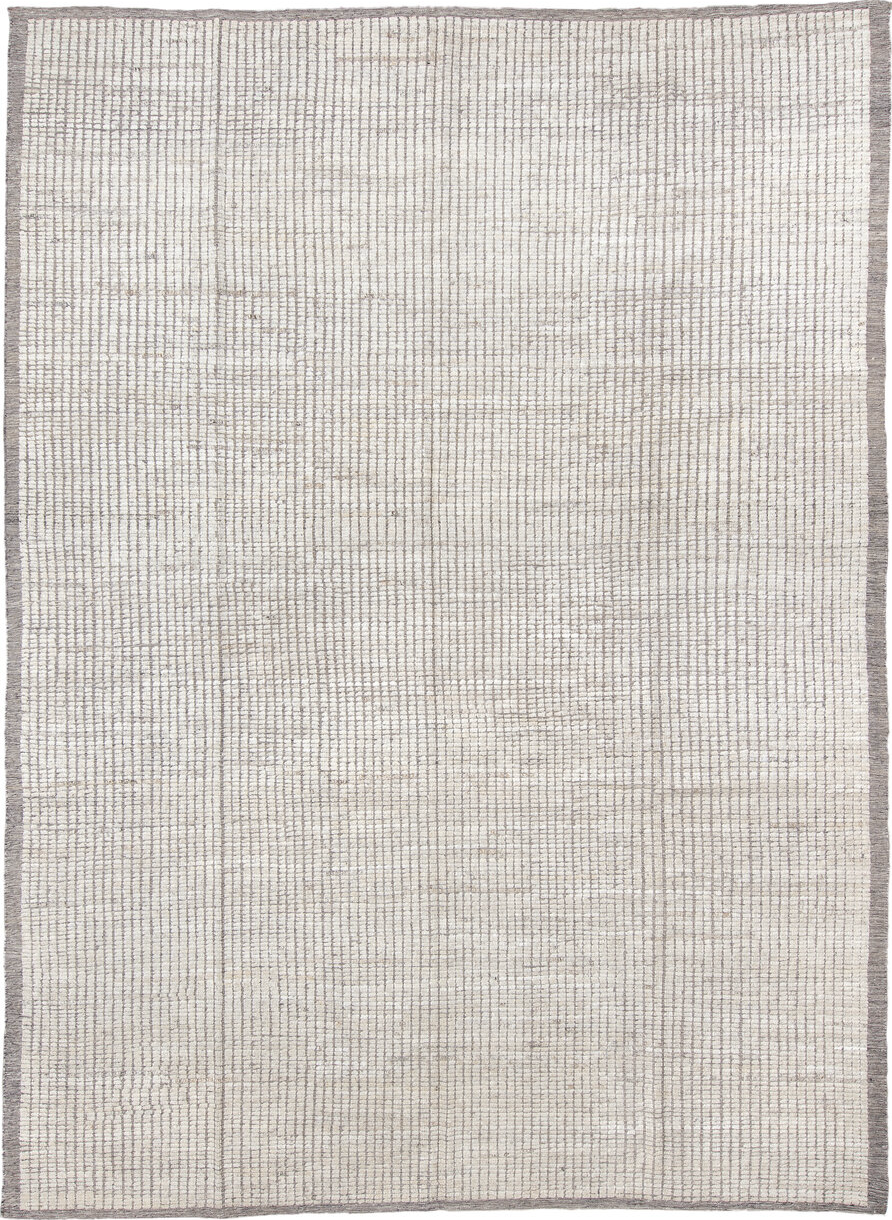 9' x 12' one-of-a-kind handmade vintage Tulu large size rug. Color palette: light gray, off-white, gray, dark gray