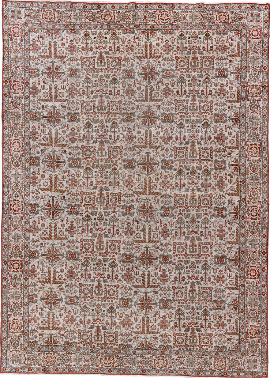8' x 12' one-of-a-kind handmade vintage Varamin large size rug. Color palette: brown, gainsboro, gray, light gray, off-white