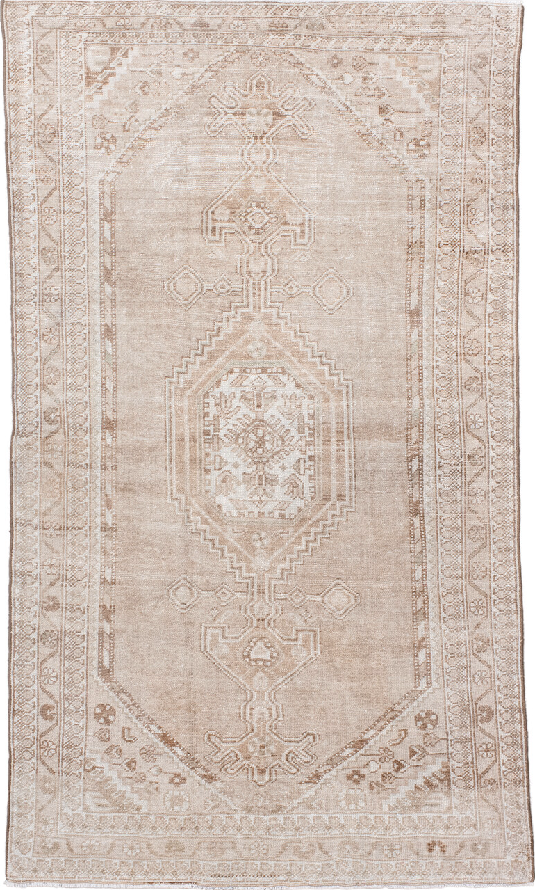 4' x 7' one-of-a-kind handmade vintage Hamadan rug. Color palette: brown, dark gray, gray, light gray, linen, off-white