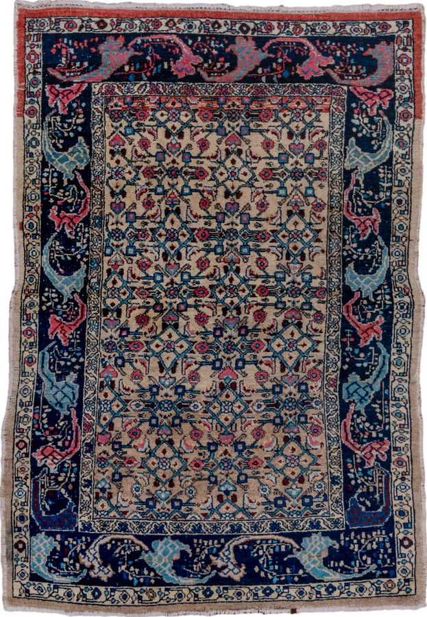 4' x 6' one-of-a-kind handmade vintage Malayer small size rug. Color palette: black, blue, brown, charcoal, dark gray, gray