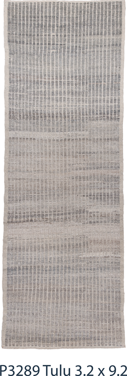 3' x 9' one-of-a-kind handmade vintage Tulu runner rug. Color palette: blue, dark gray, dim gray, gainsboro, gray