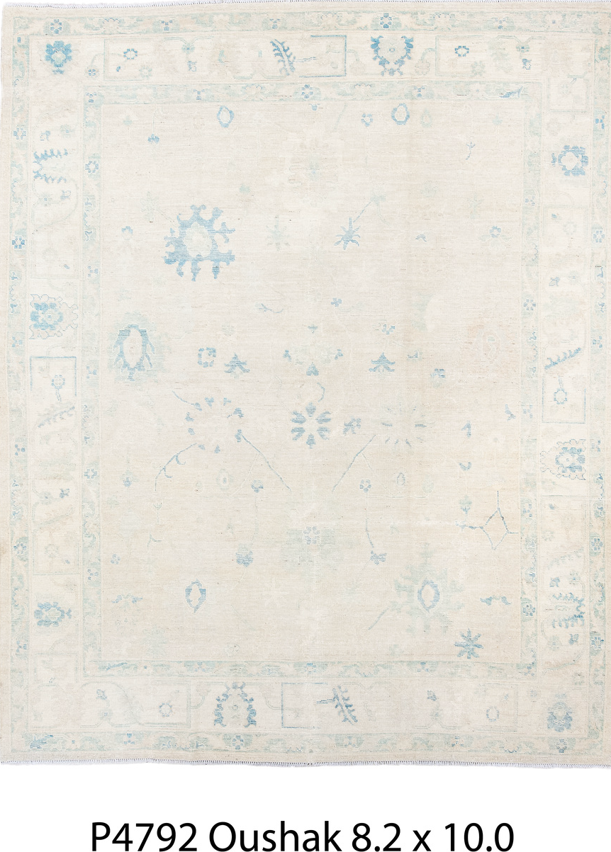 8' x 10' one-of-a-kind handmade vintage Oushak large size rug. Color palette: blue, dark gray, floral white, gray